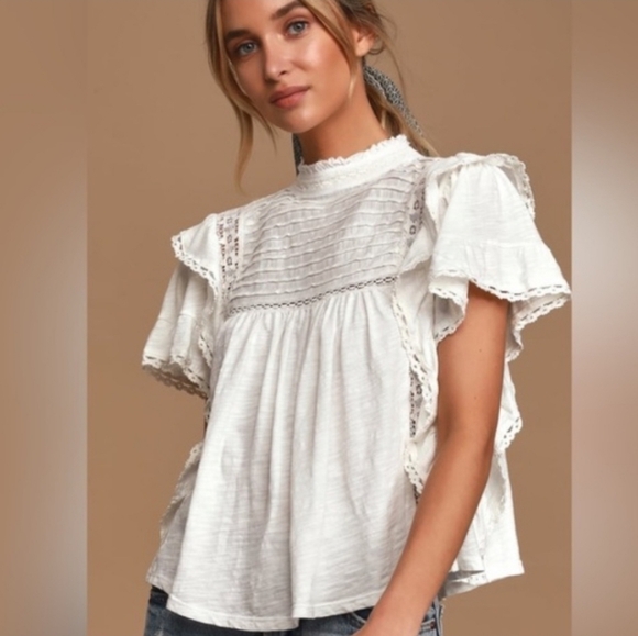 Free People Tops - Free People White Lace-Trim Flutter Sleeve Blouse